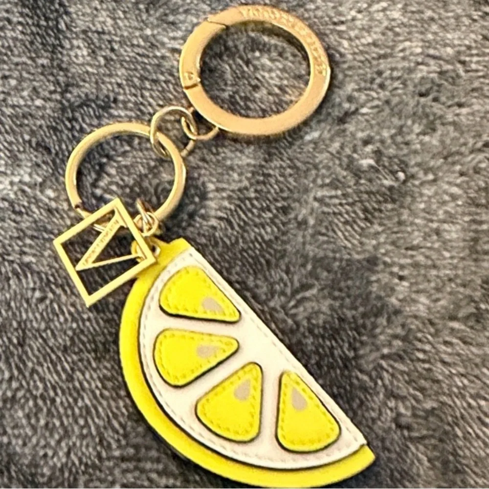 VICTORIAS SECRET KEYCHAIN BAG CHARM GOLD MONOGRAM LOGO KEY RING LEMON NWOT